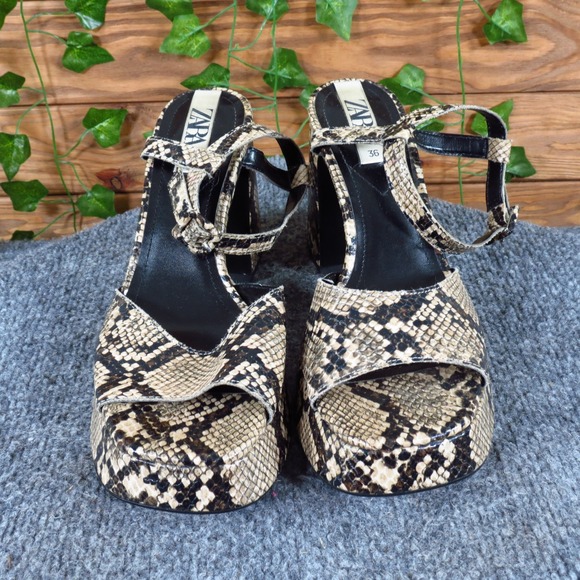 ZARA Women Snakeskin Embossed Leather Platform Block Heel Sandals Size 36 Brown - Picture 2 of 7